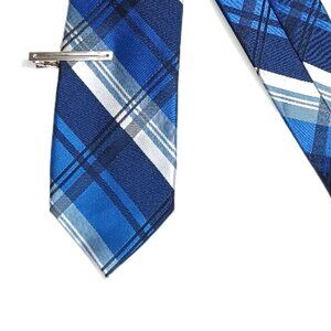 Van Heusen Plaid Tie + Tie Clip Men’s 60” Blue Gray Corpcore Preppy Skinny New
